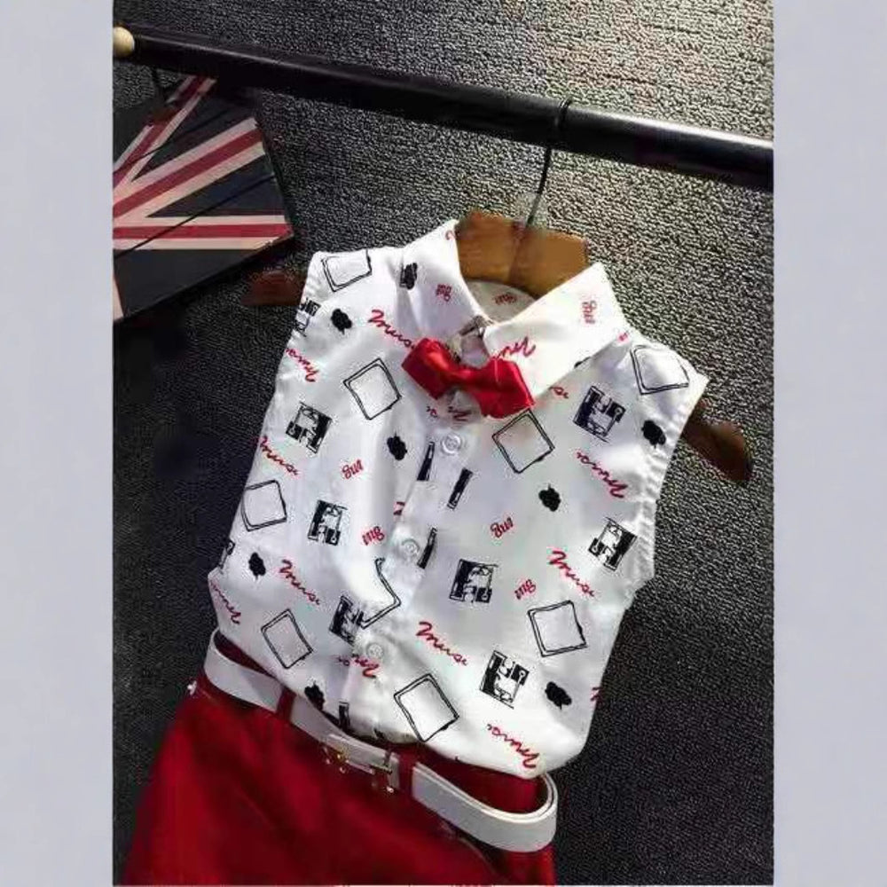summer new arrival: gentleman's bow tie geometric print sleeveless linen shirt top + distressed shorts set