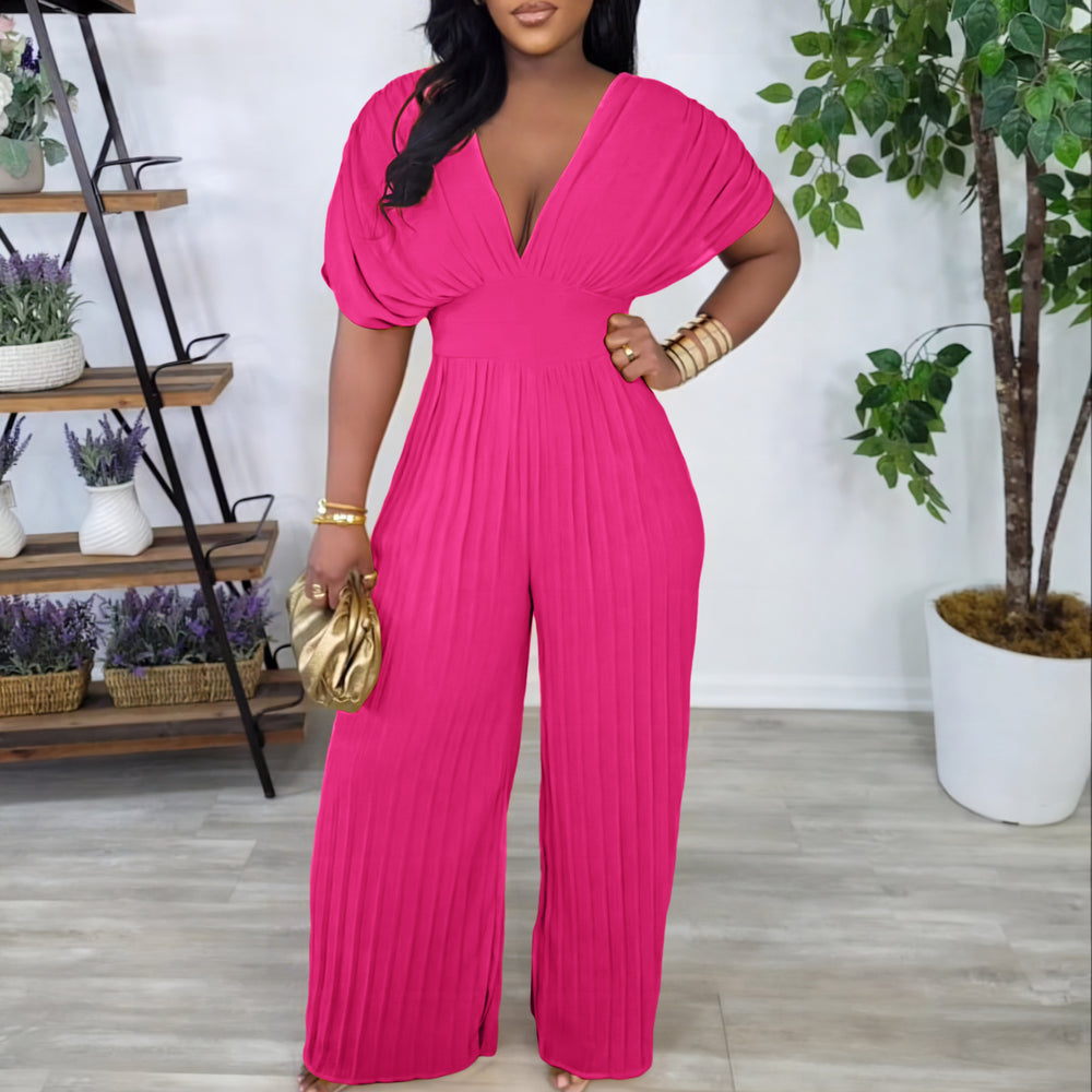 C8592  foreign trade  new european and american cross-border fashion v-neck high-waisted solid color sexy pleated jumpsuit