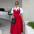 European and american style women's summer  elegant bubble sleeve blouse collar high waist slimming dress - faux two-piece