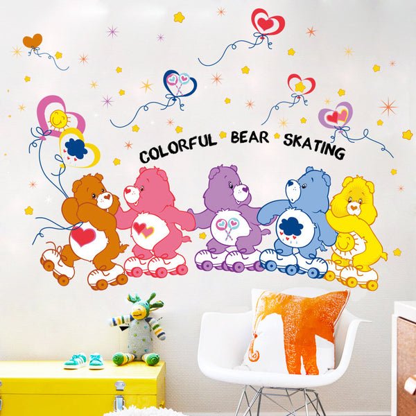 Colorful skating bear cartoon wall sticker children's room kindergarten bedroom living room background decorative sticker XL8341