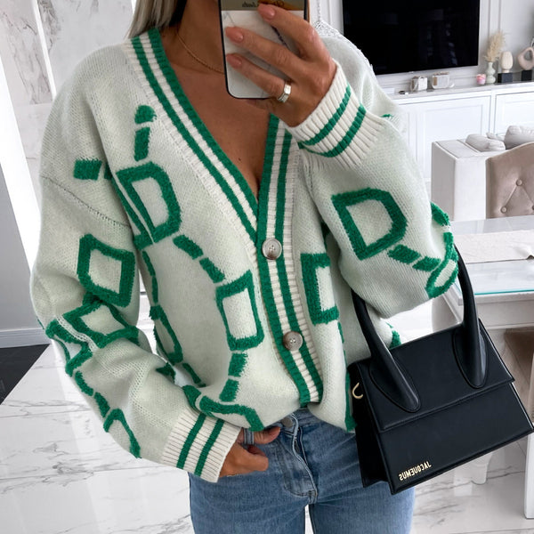 Sweater jacket single-breasted European and American  contrasting color V-neck top 2024 autumn and winter new loose-knit cardigan