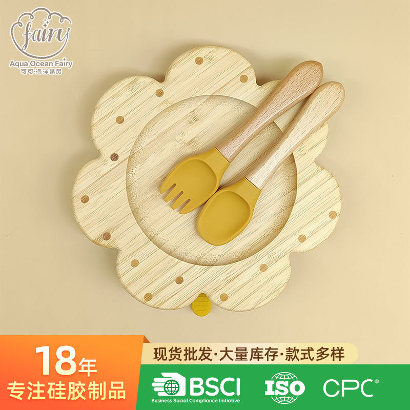 Food grade silicone children's tableware set baby food supplement training fork and spoon plate cute cartoon baby tableware set