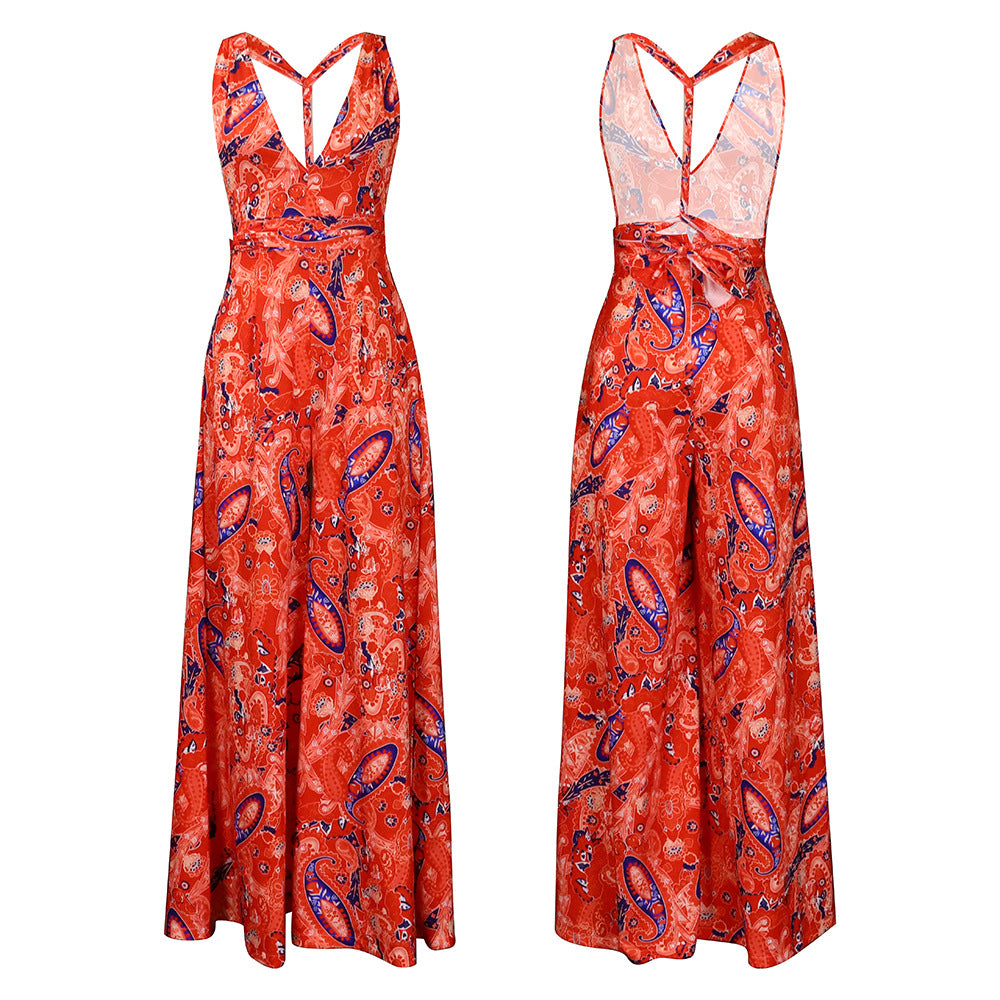 C8487 cross-border women's clothing  new european and american printing halter multi-wear beach african large size foreign trade jumpsuit