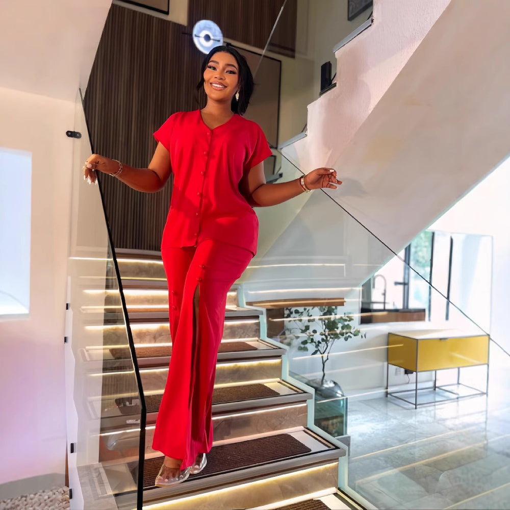 European and american cross-border women's fashion:  autumn/winter new collection - solid color v-neck single-breasted top and slit wide-leg pants two-piece set
