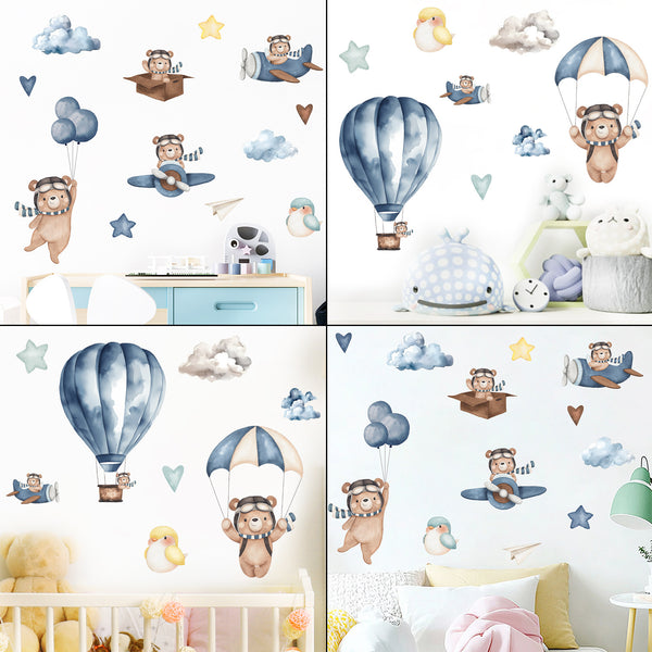 Cross-border   cute cute cute blue bear plane landing hot air balloon children's room wall sticker