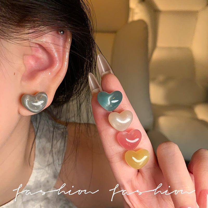 Japanese and korean fresh sweet jelly color stereo heart earrings women's fashion design elegantstylish cat's eye earrings