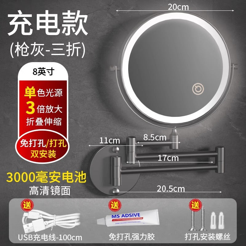 Toilet mirror folding non-punching hotel bathroom cosmetic mirror wall hanging telescopic double-sided LED beauty mirror with lamp