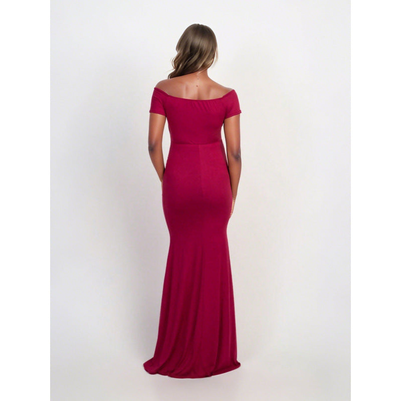 Women's burgundy off-the-shoulder maternity mermaid maxi dress: elegant and comfortable evening gown for pregnancy