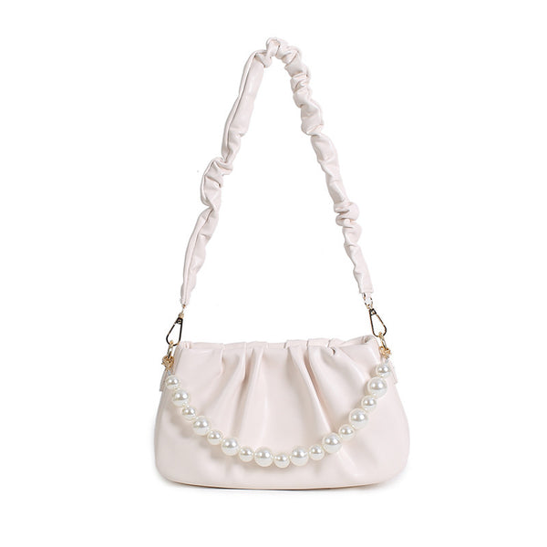 New retro ins pleated shoulder bag pearl chain small fragrant women's bag Korean version versatile portable messenger bag