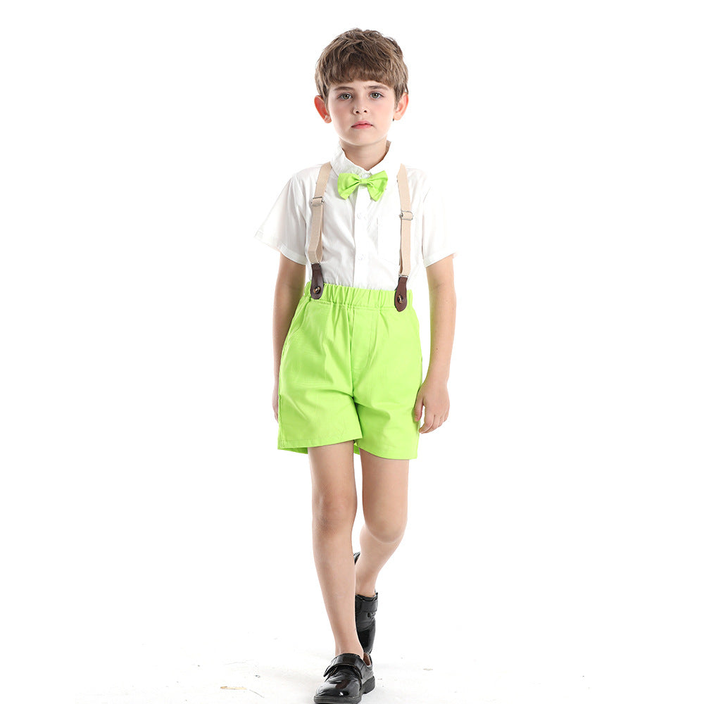 Korean style boys' summer outfit: stylish short-sleeve shirt and striped overalls set