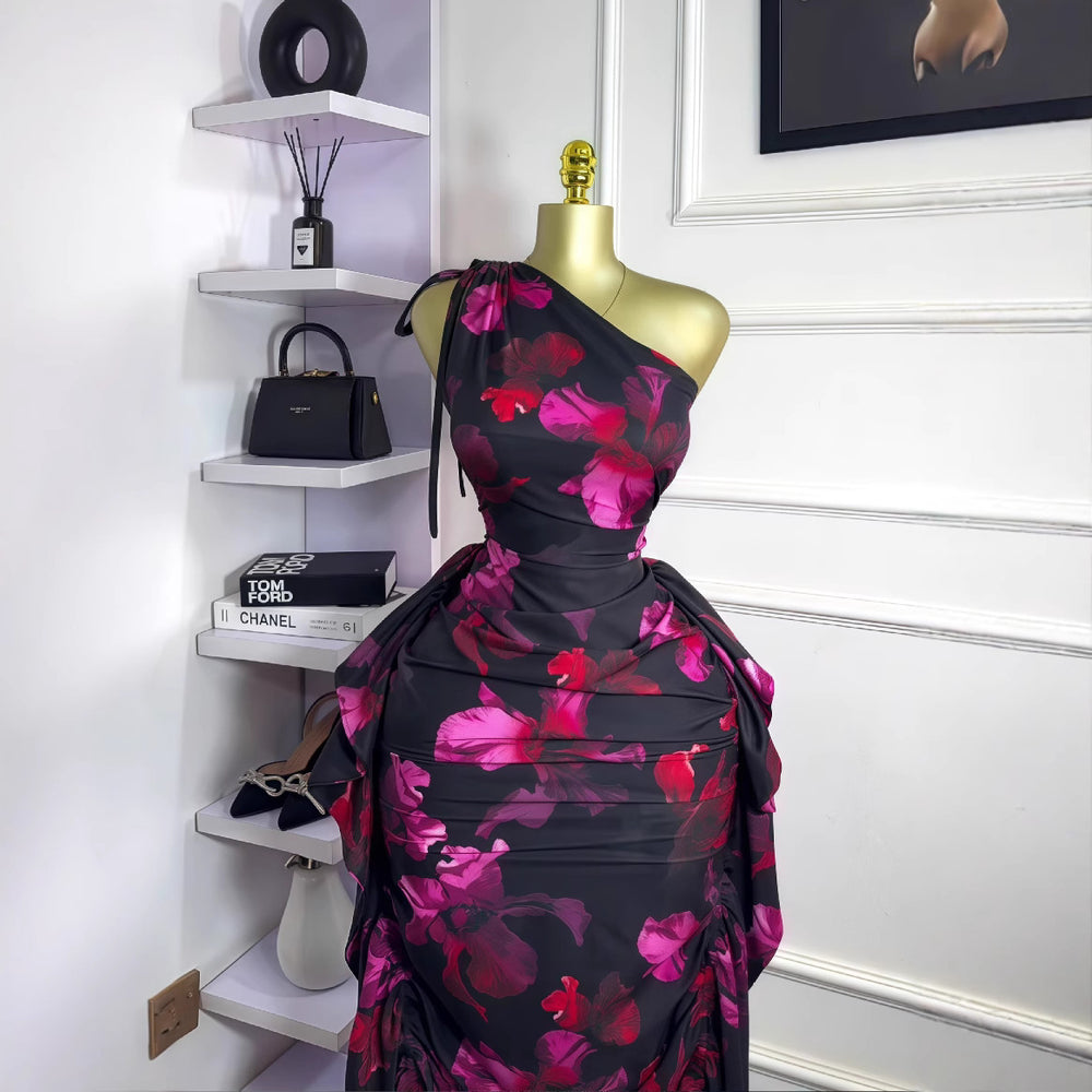 European and american cross-border women's fashion  summer new sleeveless one-shoulder asymmetrical neckline printed tie-up ruffle trim bodycon dress