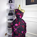 European and american cross-border women's fashion  summer new sleeveless one-shoulder asymmetrical neckline printed tie-up ruffle trim bodycon dress