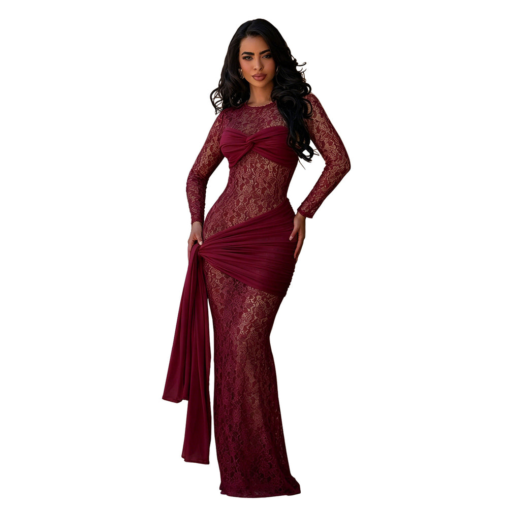 C7688 cross-border   fashion women's sexy round neck lace slim fit long sleeve dress