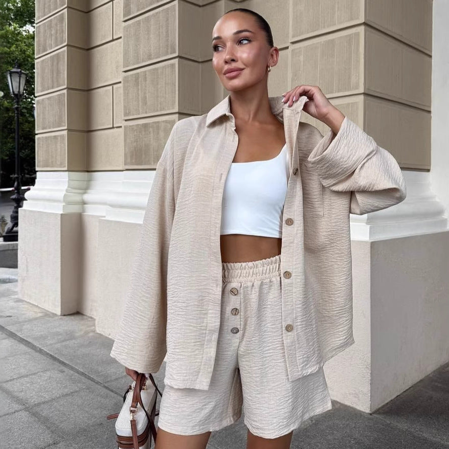 Cross-border European and American solid color large size casual cardigan shirt set women's  fashion design shorts two-piece set tide