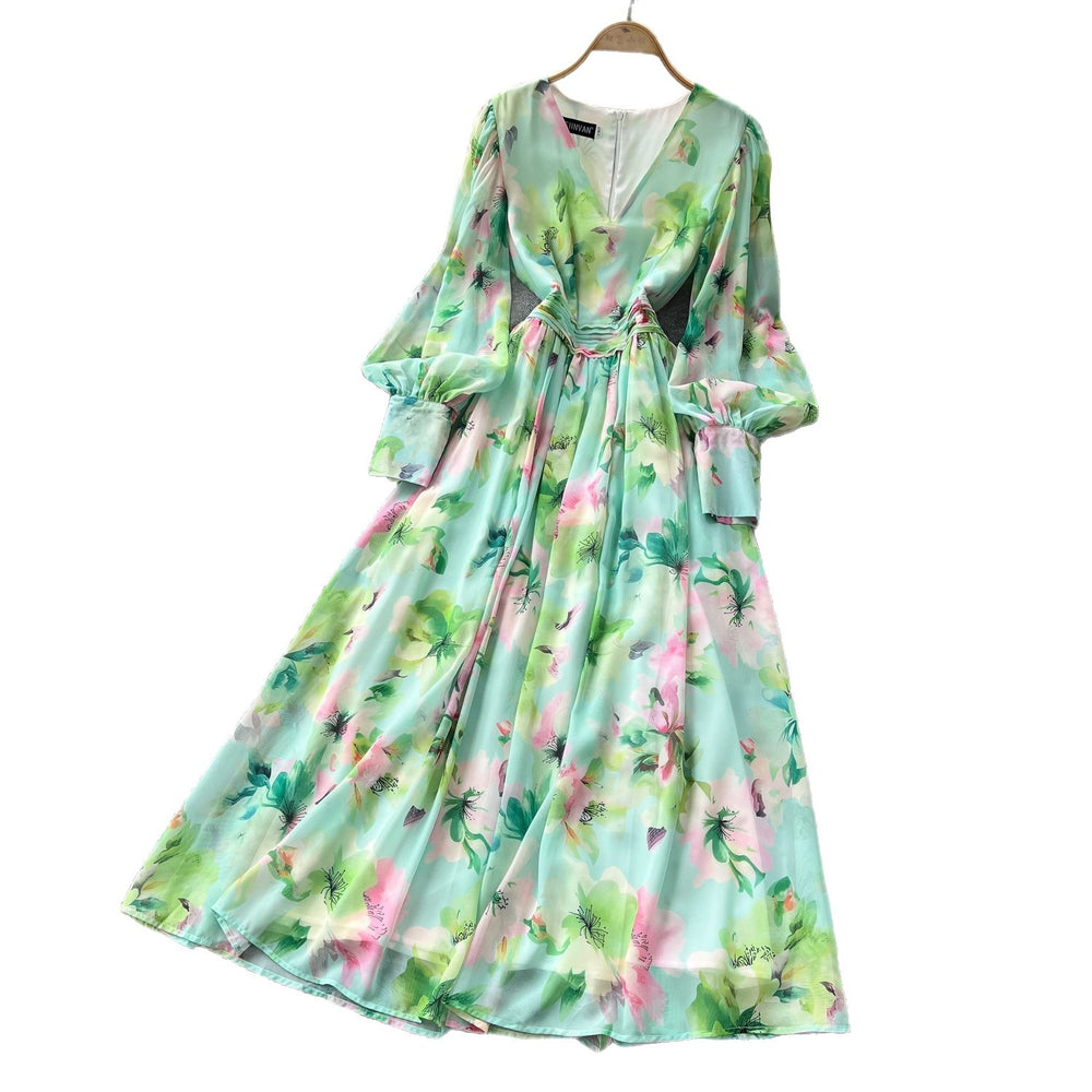 Gentle atmosphere printing lantern sleeve v neckdress women's summer waist slimming look large swing accessible luxuryelegant long skirt