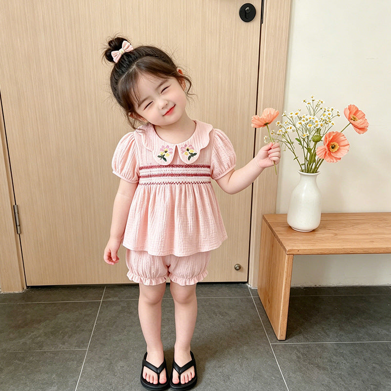 new summer collection: sweet pink outfit for baby girls - stylish embroidered peter pan collar top and shorts set for girls' summer wear