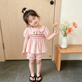 new summer collection: sweet pink outfit for baby girls - stylish embroidered peter pan collar top and shorts set for girls' summer wear