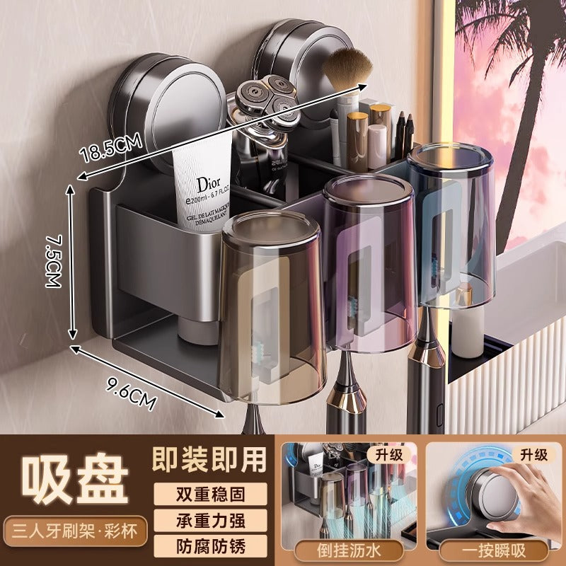 Suction cup toothbrush holder - no drilling required, toothbrush & mouthwash cup organizer, toothpaste dispenser, wall-mounted bathroom storage rack