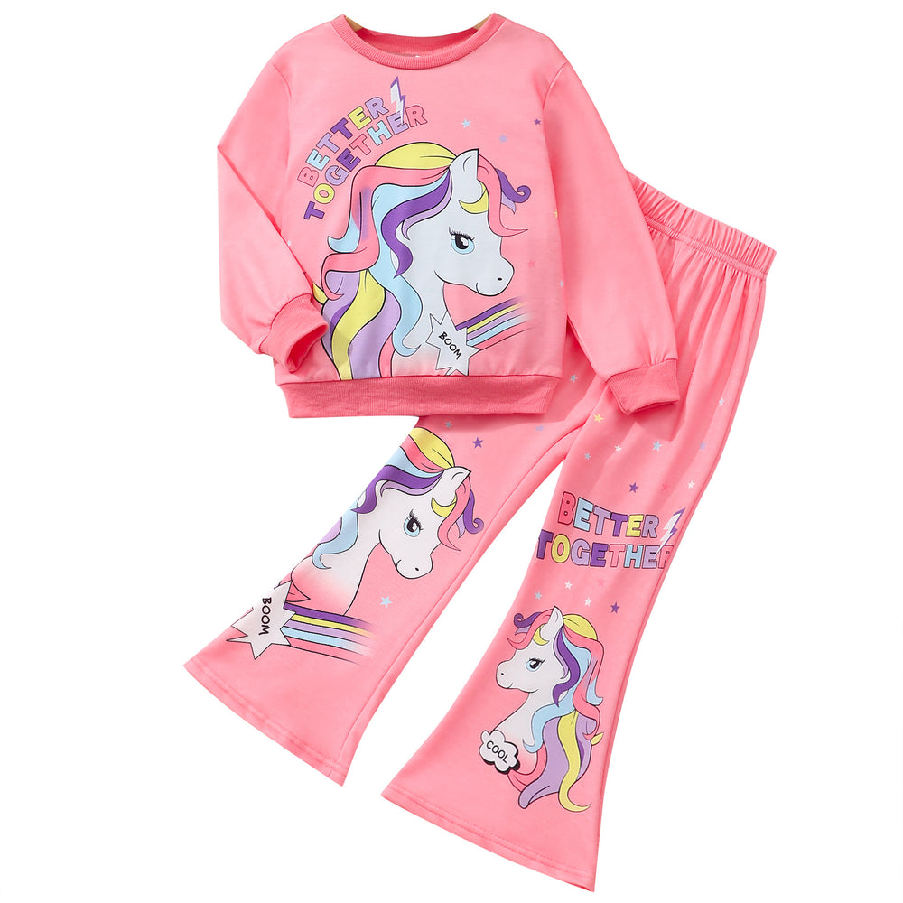 Children's long sleeves round neck unicorn tops and micro-flare pants suit
