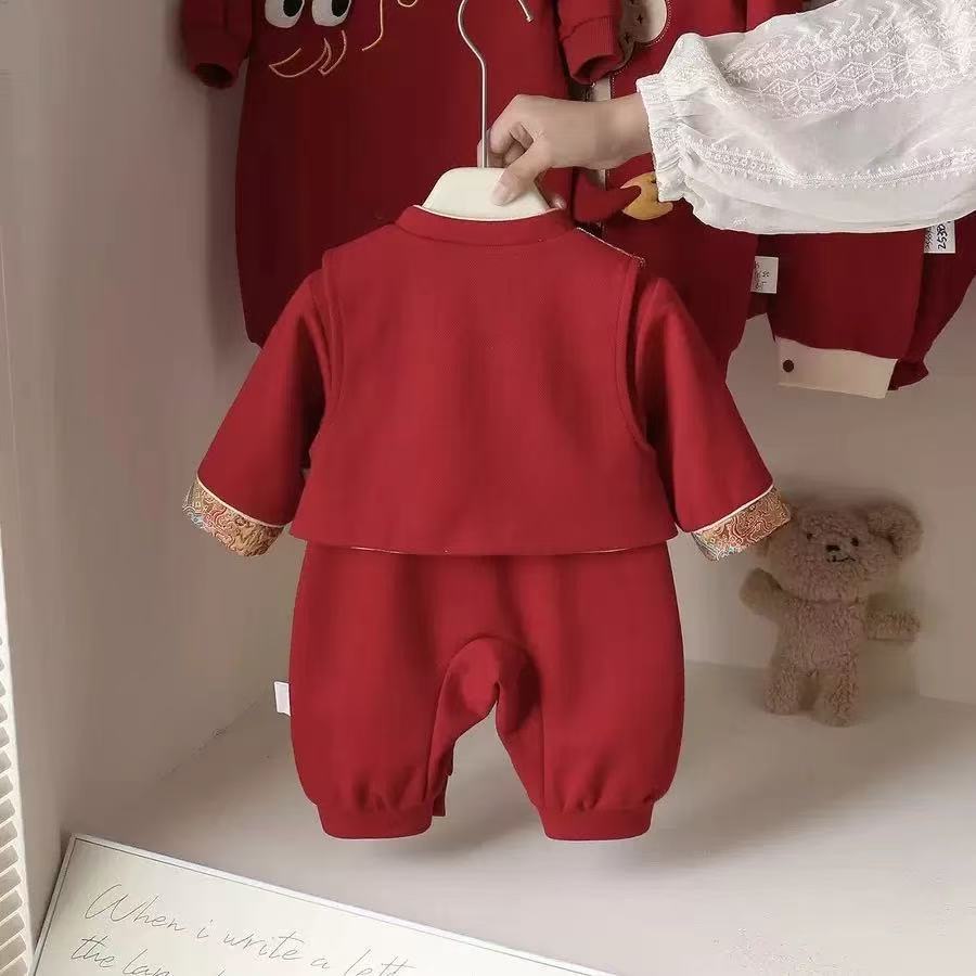 Spring autum jumpsuit baby clothes baby full moon first birthday banquet red festive national style khaki new year anxi crawling suit