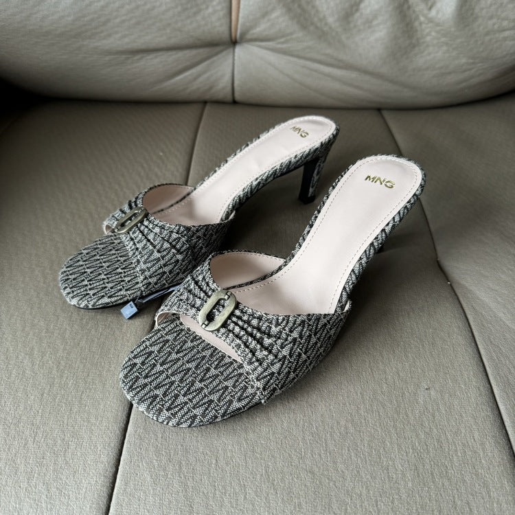 Spanish 2025 summer new arrivals: high-heeled, open-toe, buckle-embellished, versatile casual women's slides for outdoor wear