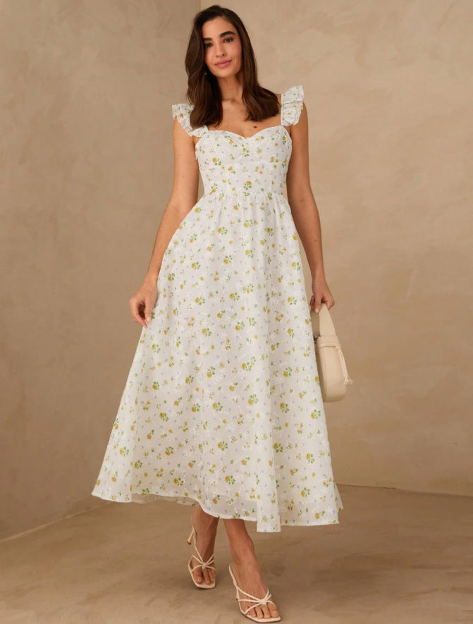 european and american cross-border new women's fitted french floral maxi dress