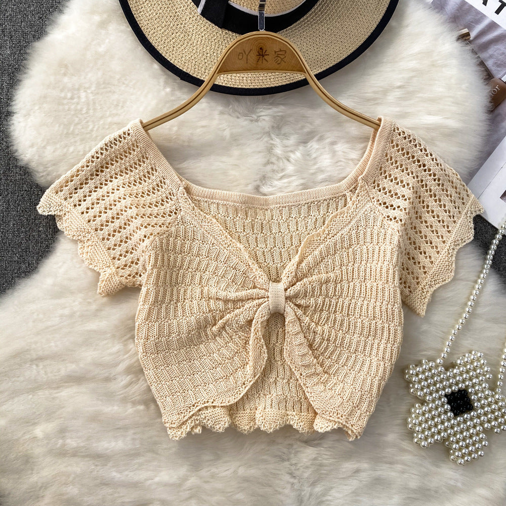 Bowknot ruched v-neck short sleeve ice silk top - women's summer 2024 korean style high-waisted cropped t-shirt