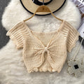 Bowknot ruched v-neck short sleeve ice silk top - women's summer 2024 korean style high-waisted cropped t-shirt