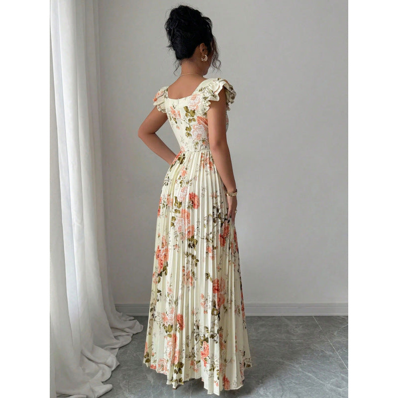 Women's rose print flutter sleeve pleated midi dress - casual & elegant spring/summer outfit for vacation