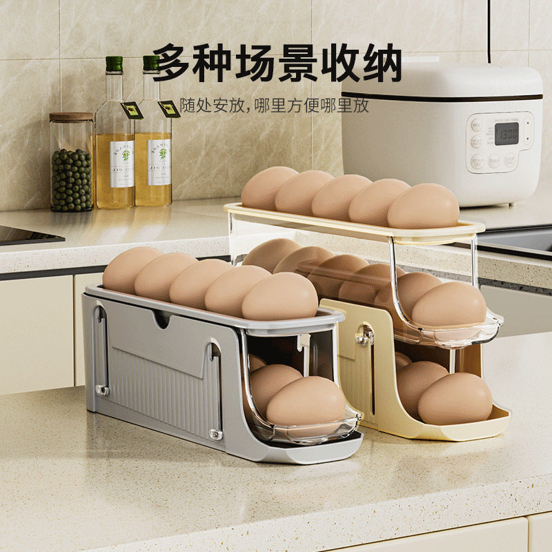Anti-drop egg storage box on countertop Fixed slide type Automatic roll-down egg box Double egg tray for side door of refrigerator