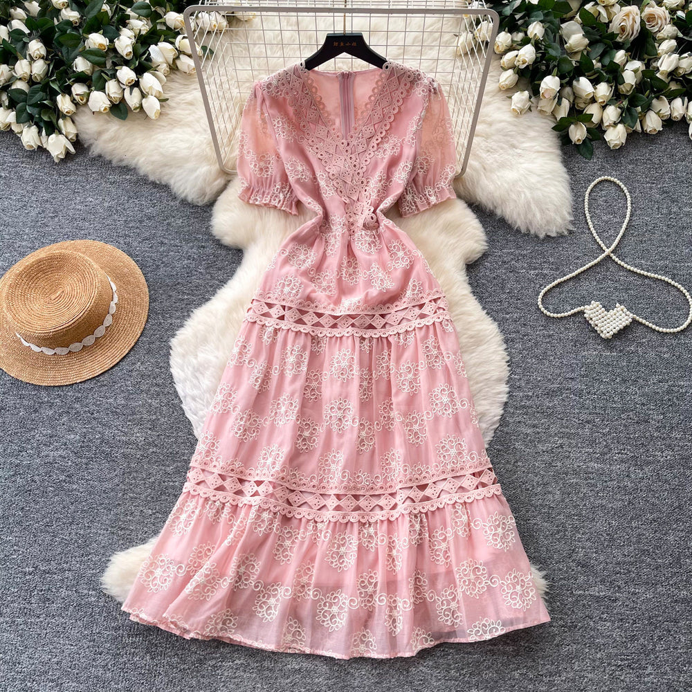 French romantic pink v-neck lace dress - women's summer korean style short sleeve slimming a-line cake dress