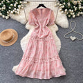 French romantic pink v-neck lace dress - women's summer korean style short sleeve slimming a-line cake dress