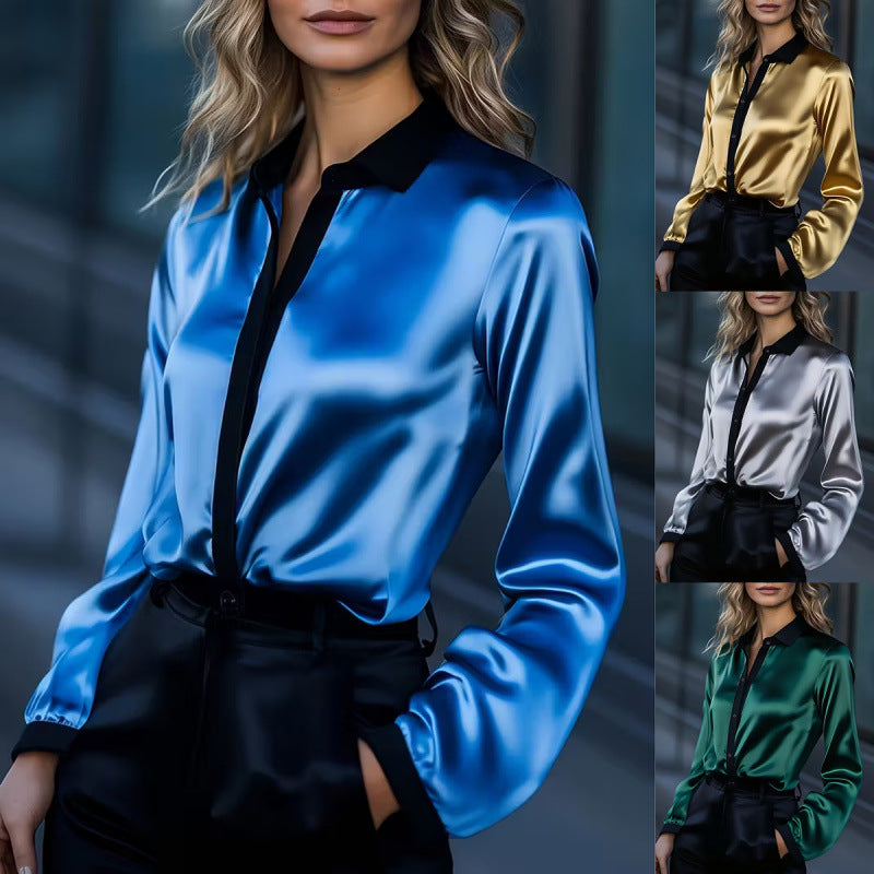 Shipped: bestselling women's satin color block long sleeve top/shirt for independent e-commerce stores
