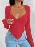 export women's t-shirt vacation v-neck bell sleeves waist asymmetricalknittinglong sleeves t-shirt tops
