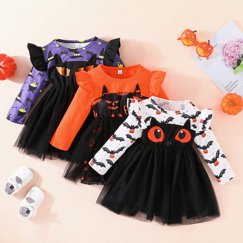 European and american girls' halloween long-sleeve eye print dress - fashionable minimalist patchwork mesh princess dress - in stock