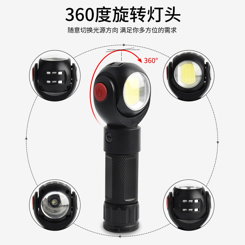 Cross-border hot-selling T6 + COB strong light flashlight strong magnetic 360 degree rotating work lamp headlight search outdoor flashlight