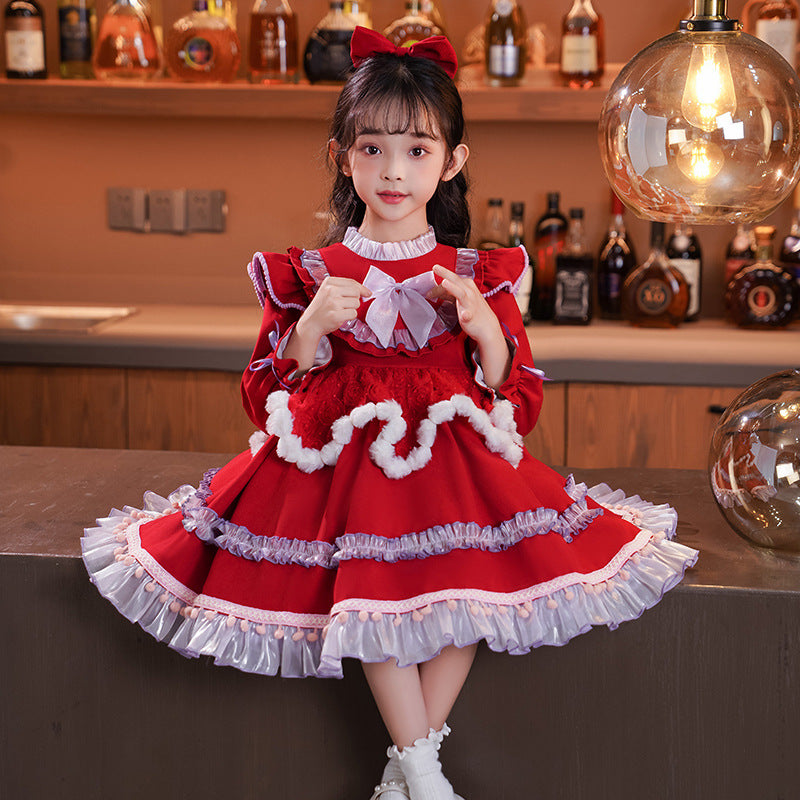Girls' lolita princess dress - new spring/autumn red christmas dress - children's dress - autumn/winter baby dress