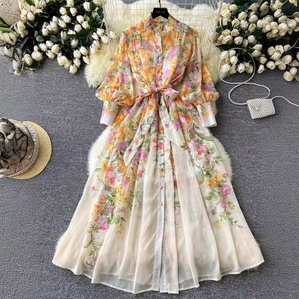 European and american print dress - women's stand collar long sleeve high-end cinched waist tie-up maxi dress - niche french chiffon fairy style