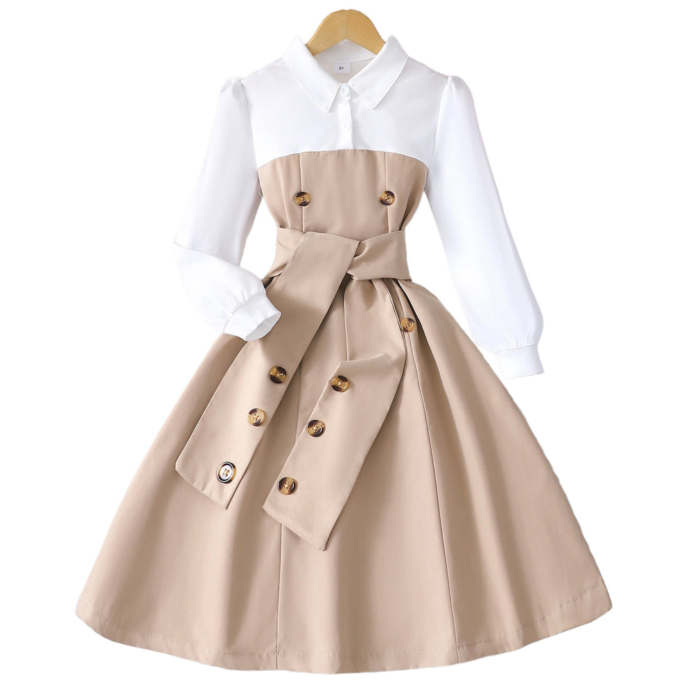 Children's long-sleeve collared button-up color block dress