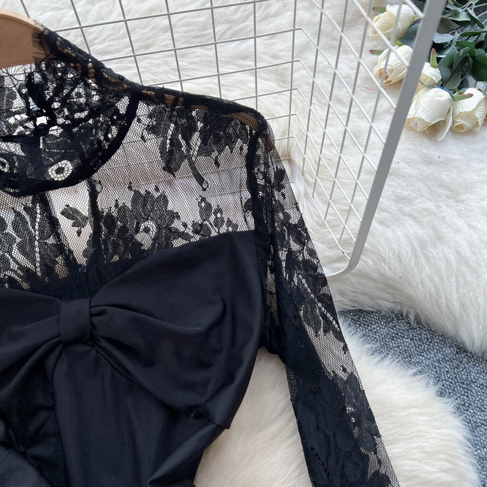 Elegant black formal dress for the modern woman: french-inspired lace, long sleeves, ruched waist, and flirty ruffle hem