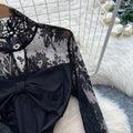 Elegant black formal dress for the modern woman: french-inspired lace, long sleeves, ruched waist, and flirty ruffle hem