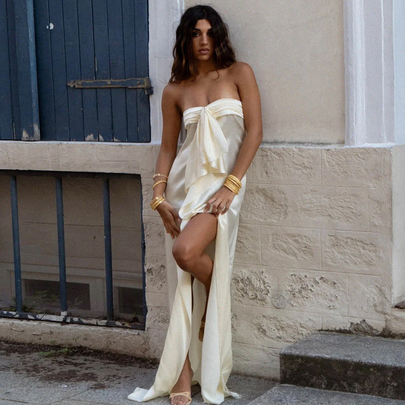 European and american women's clothing  summer new fashion elegant high-end satin slit off-the-shoulder bandeau dress