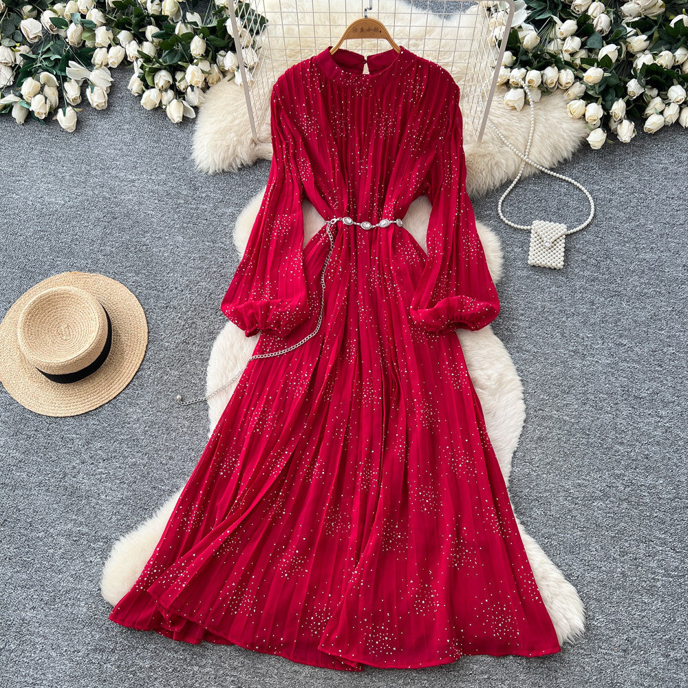 French style pleated bodycon dress - women's spring long sleeve a-line dress - cinched waist, elegant and gentle long dress