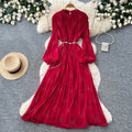 French style pleated bodycon dress - women's spring long sleeve a-line dress - cinched waist, elegant and gentle long dress