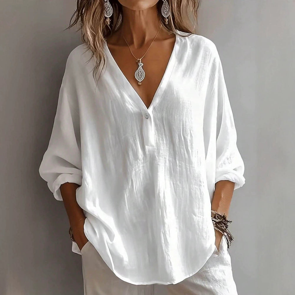 european and american bohemia breathable shirt with deep v half placket and one capsules button pleated fabric loose shoulder long sleeves