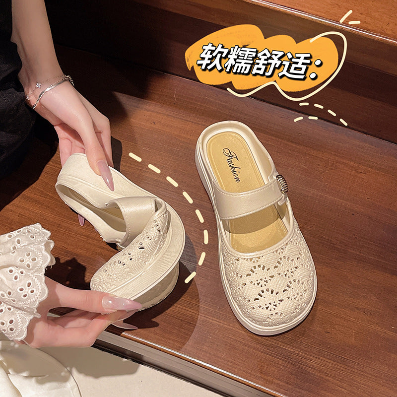 Fashion baotou women's slippers for daily wear at home and garden sandals populareasiest for matchpure colorcasualthick sole mid-heeled half support