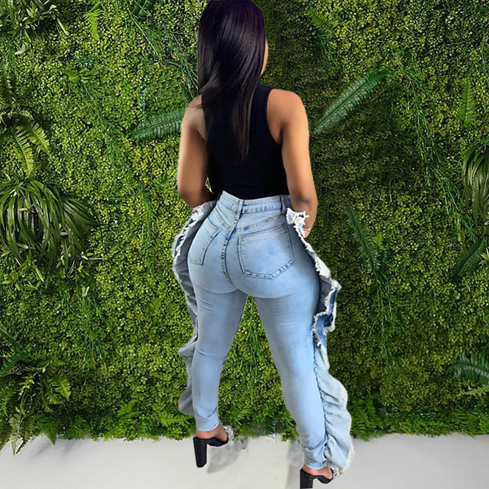European and american cross-border women's fashion  jeans: streetwear casual hand-weathered distressed side ruffle skinny stretch pants