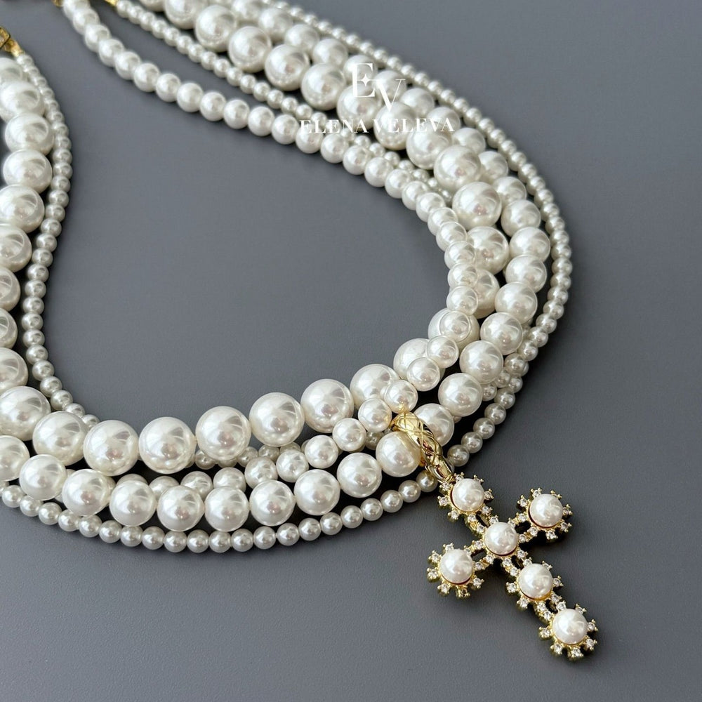 European and american multi-layered imitation pearl necklace frenchretroaccessible luxury sweet cool inlaid pearl cross pendant necklace for women