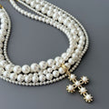 European and american multi-layered imitation pearl necklace frenchretroaccessible luxury sweet cool inlaid pearl cross pendant necklace for women