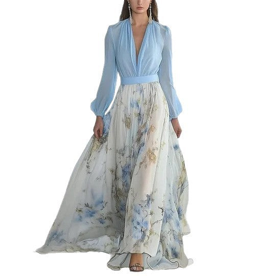 european and american style women's  independent store digital print long sleeve v-neck patchwork maxi dress